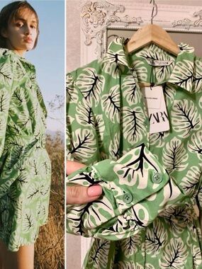 Zara Green and Cream Leaf-Print Shirt Dress